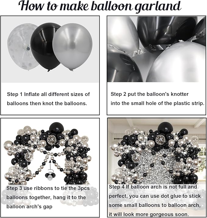Black and Silver Balloons Arch Kit, 162pcs Different Sizes with Black Metallic Silver Confetti Balloons for Prom Anniversary Birthday 2025 Graduation Party Decorations