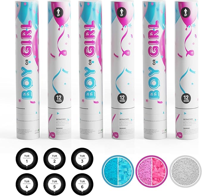 TUR Party Supplies Gender Reveal Roulette Game Kit (Blue, Pink & White) Fool Proof Confetti & Powder Cannons | 100% Biodegradable | 12 inch | Party Poppers for Boy or Girl Baby Shower Decorations