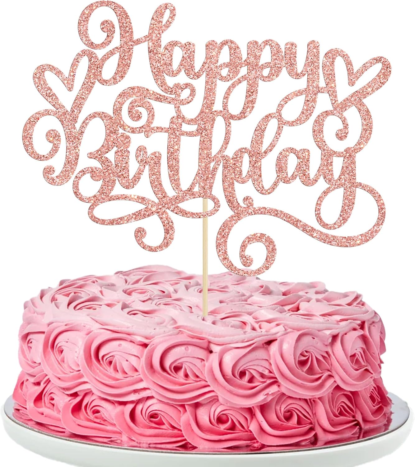 Gyufise 1Pcs Happy Birthday Cake Topper Glitter Cake Pick for Celebrating Anniversary Party Cake Decorations Supplies Rose Gold