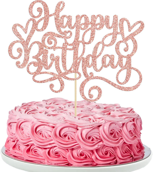 Gyufise 1Pcs Happy Birthday Cake Topper Glitter Cake Pick for Celebrating Anniversary Party Cake Decorations Supplies Rose Gold