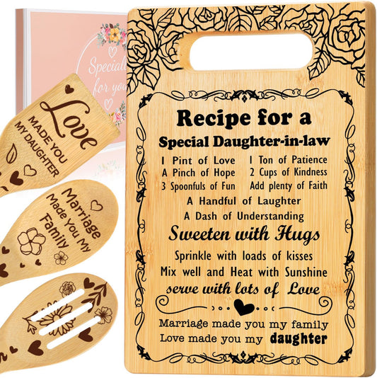Gifts for Daughter in Law Cutting Board Set, "Recipe for a Daughter-in-Law" Christmas Birthday Gifts for Daughter in Law with Engraved Utensil, Daughter-in-Law Gift from Mother-in-Law Christmas