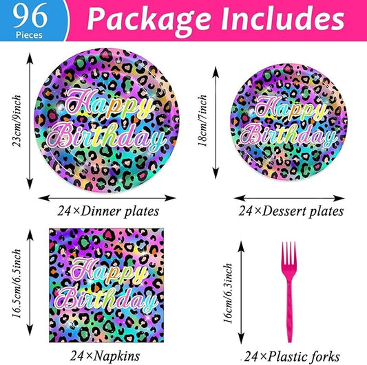 96Pcs Neon Rainbow Leopard Birthday Party Plates and Napkins Cheetah Print Birthday Themed Party Decorations Cheetah Leopard Girl's Sparkly Splatter Tableware Set for 24 Guests Baby Shower Supplies