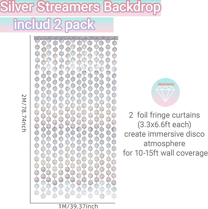 Disco Party Decorations - 2 Packs Silvery Disco Ball Disco Foil Fringe Streamers Curtains for Bachelorette, Birthday Backdrop Decorations,School Prom 80s Party Decorations (3.3x6.6 ft)