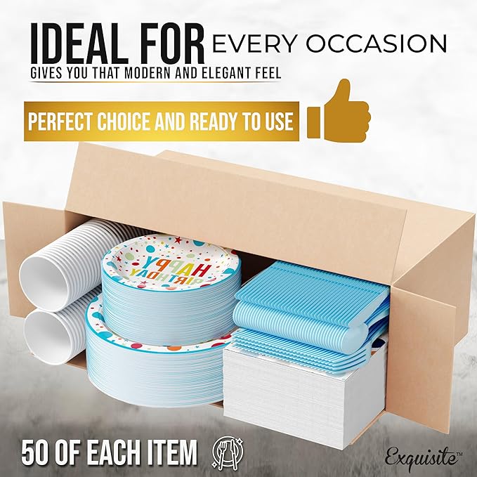 Exquisite 350 Pcs Blue Happy Birthday Plates and Napkins Set, Blue Birthday Plates Set, 50 Of Each 9" Dinner Plate, 7" Dessert Plate, 12 oz Cups, Napkins & Cutlery Plastic Dinnerware Set