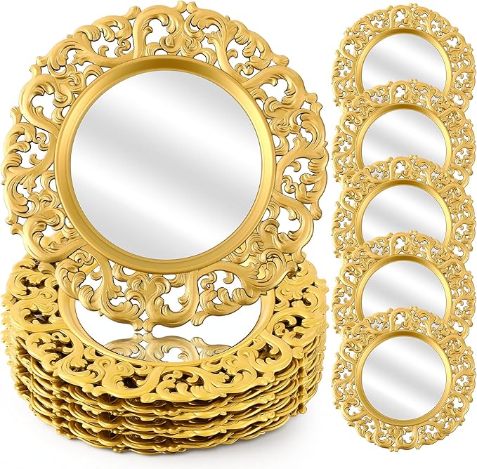 Maxdot 12 Pcs 13" Gold Mirror Charger Plates for Dinner Plates Plastic Round Embossed Edge Dinner Chargers for Table Setting Wedding Party Christmas Holiday Supplies Elegant Tabletop