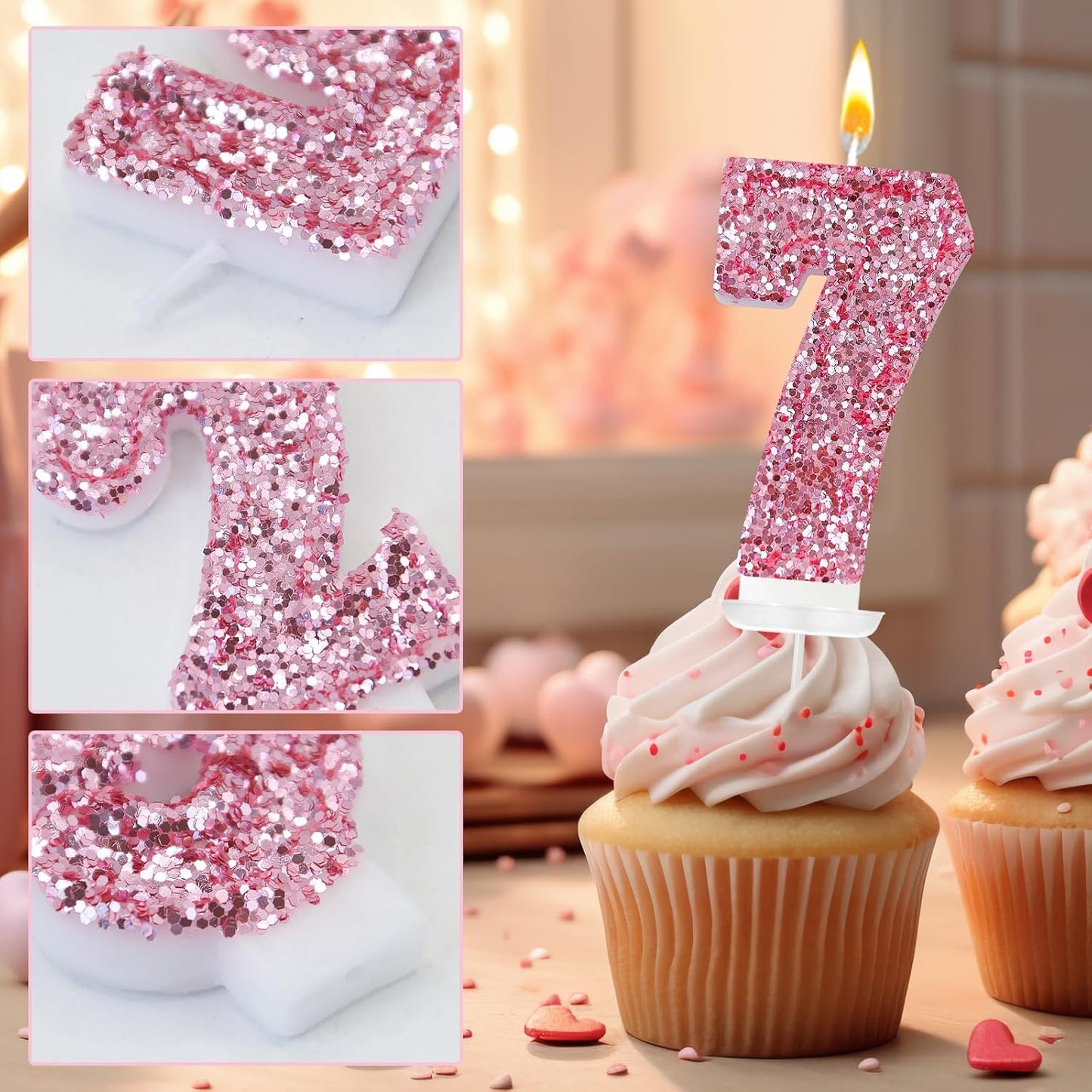 Birthday Number Candles, Glitter Number Candle Cake Decorations with Sequins, Cupcake Decorations for Girls, Women, Party Anniversary Celebrations (Number 7, Pink)