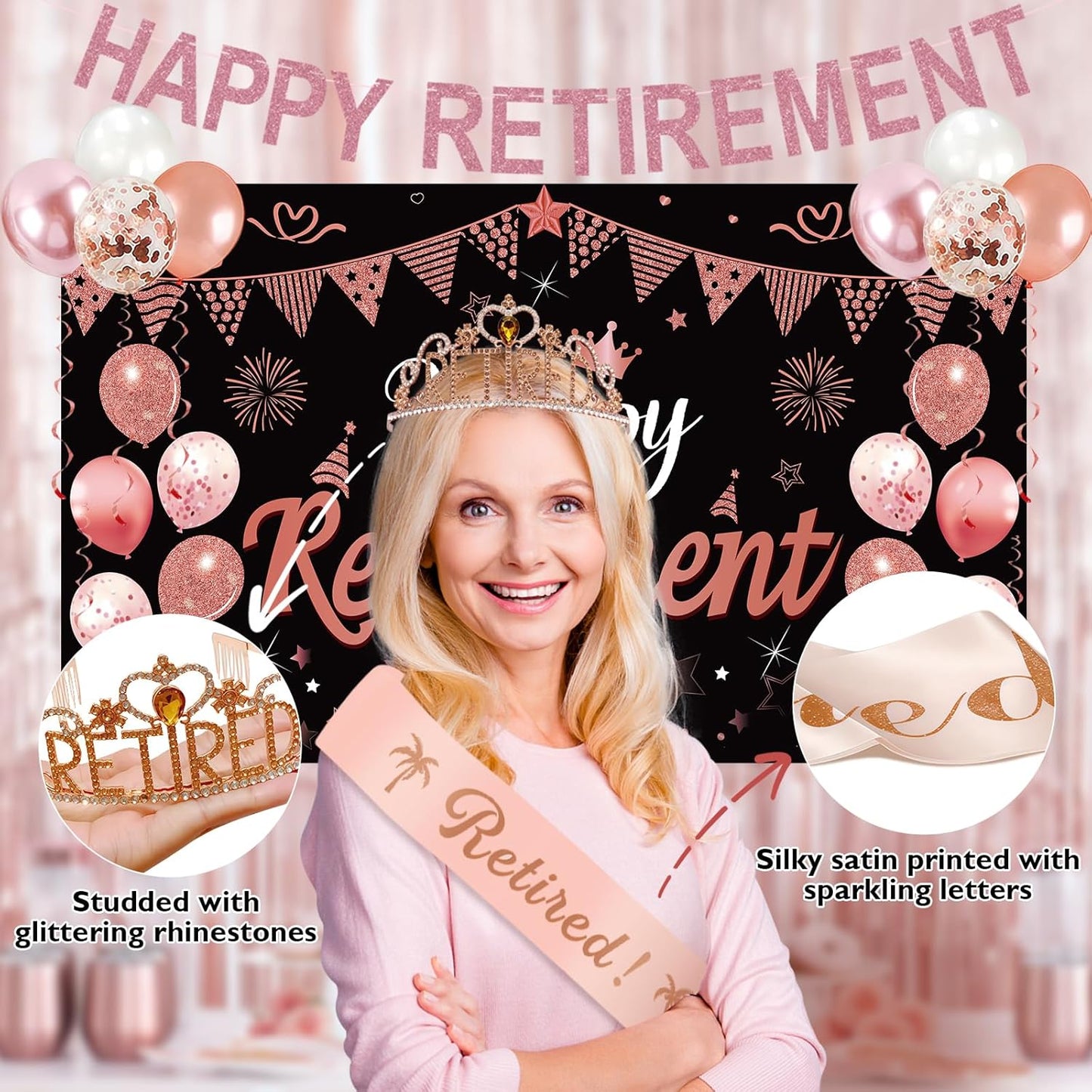 Rose Gold Retirement Party Decorations for Women, Retired Crown and Sash Retirement Backdrop Balloons Cake Toppers Hanging Swirls Retired Parties Supplies 24PCS