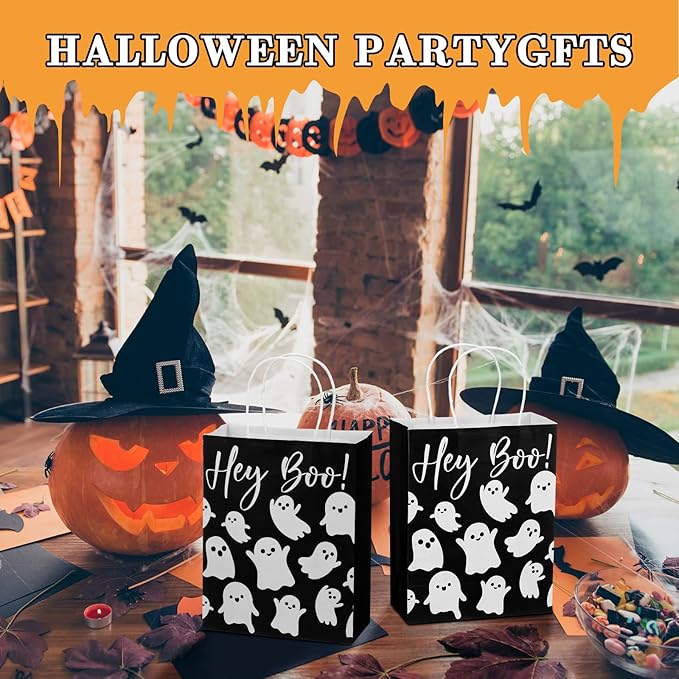24 Pcs Halloween Hey Boo Ghost Paper Gift Bags with Handles Medium White Ghost Party Favor Bags for Halloween Home Table Party Supplies