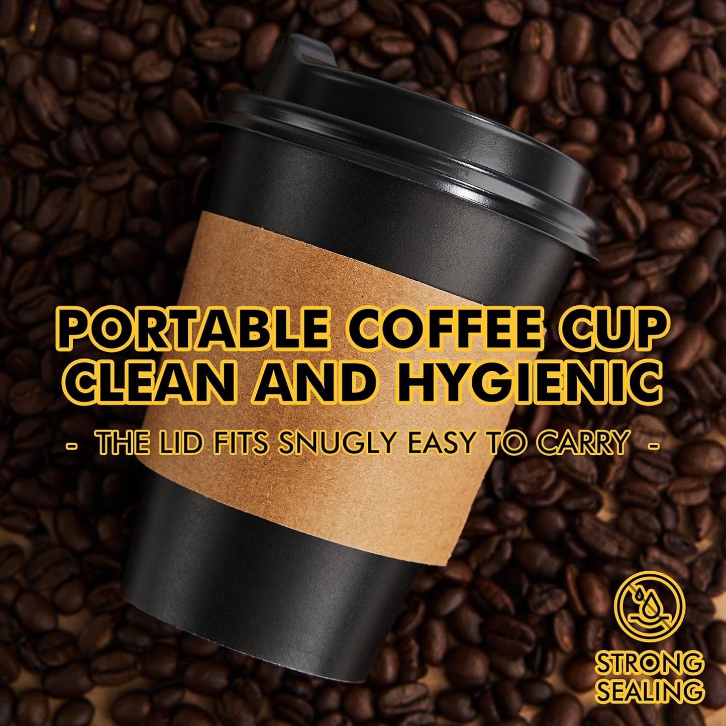 50 Pack 12 oz Coffee Cups with Lids, Black Disposable Coffee Cups with Lids, Sleeves and Stirring Sticks, Hot Paper Coffee Cup 14 oz for Hot Drinks, Parties, Picnic, Travel, and Events