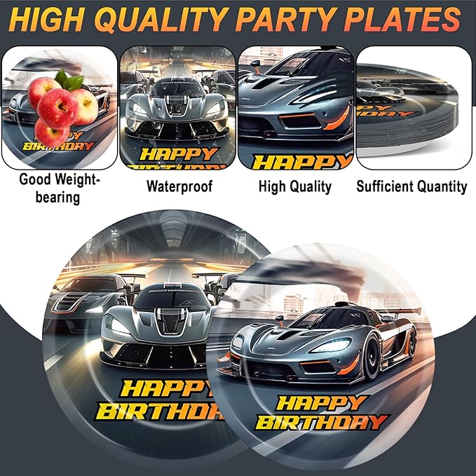 96PCS Race Car Party Paper Plates and Napkins and Forks Set for Hot Car Theme Wheel Racing Party Paper Plates Disposable Decor Race Track Parties Set for Kids Birthday Gatherings Decorations