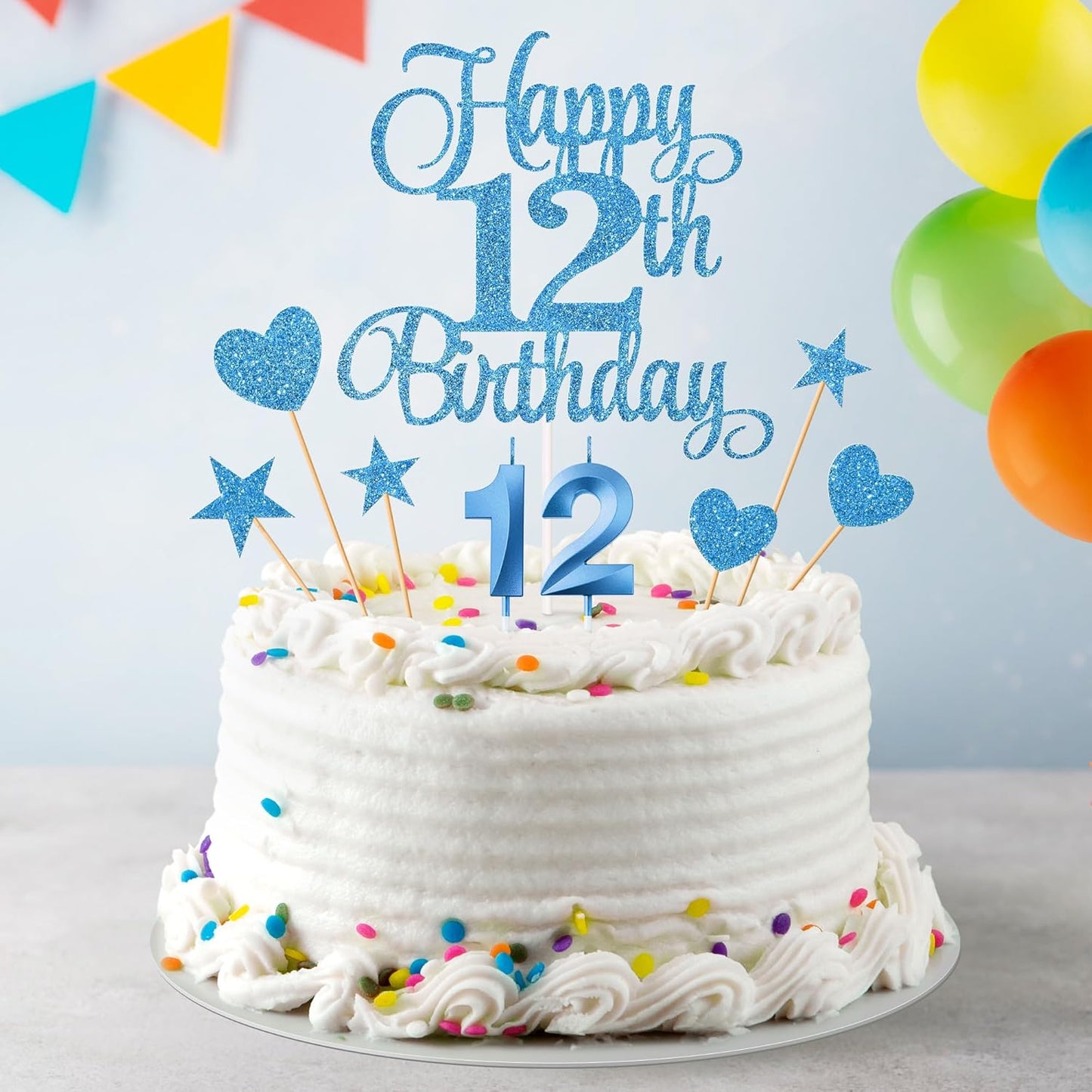 12th Birthday Cake Decorations, 12th Birthday Candles Cake Numeral Candles and Glitter Happy 12th Birthday Cake Toppers Set for Birthday Party Supplies (Blue)