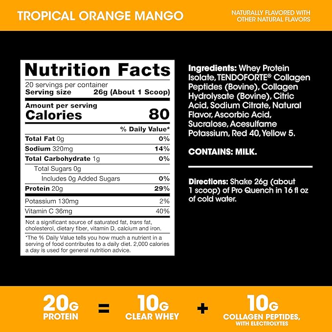 Optimum Nutrition Pro Quench, 10g Clear Protein, 10g Collagen peptides & Electrolyte Powder Drink Mix, Tropical Orange Mango, 20 Servings, 520 Grams (Packaging May Vary)