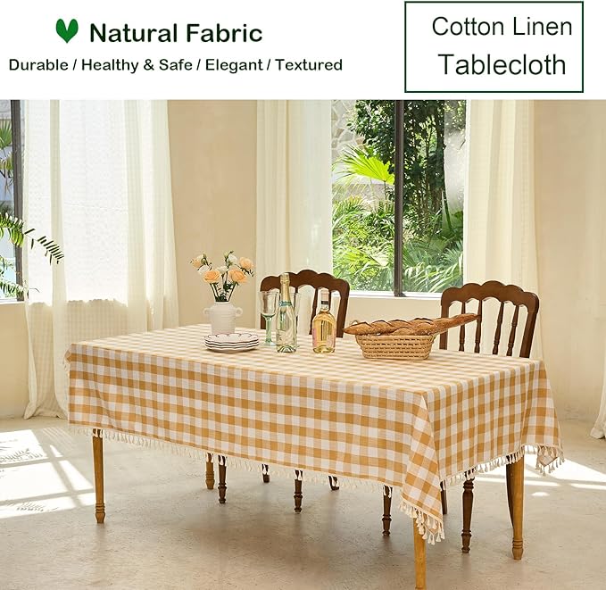 Table Cloth Rectangle Table-Rustic Gingham Tablecloth Buffalo Plaid Table Cloth for Spring Summer Easter Thanksgiving Picnic Kitchen Dining Room (55x70 Inch,Yellow and White)