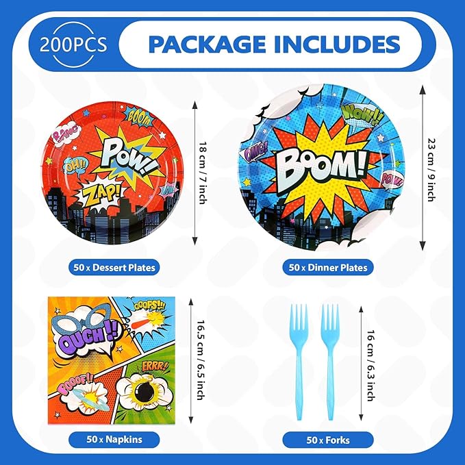Grencian 200Pcs Super Theme Hero Party Decorations Colorful Super Theme Hero Plates and Napkins Disposable Heros Action Paper Tableware Set for Boys Birthday Baby Shower Party Supplies, Serves 50