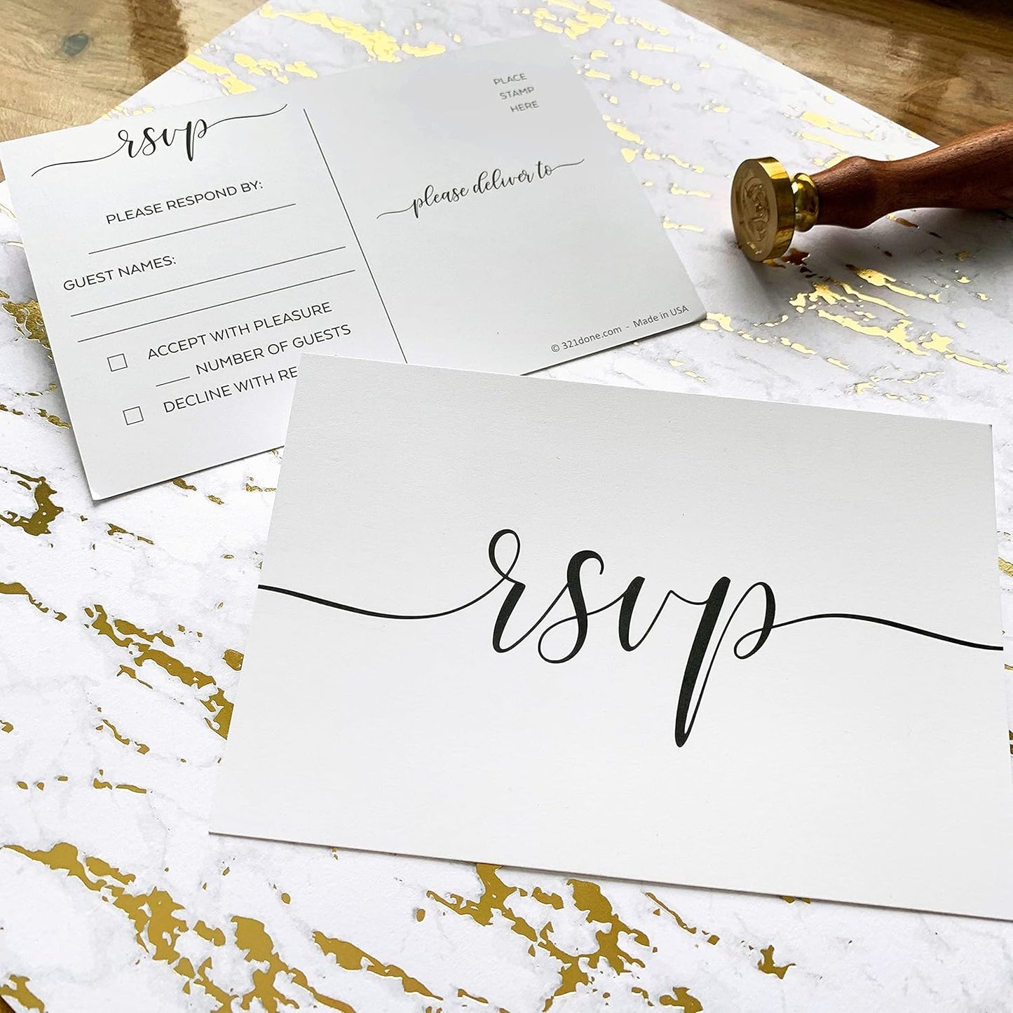 321Done RSVP Postcards 4x6 White (50 Cards) Made in USA, Blank with Mailing Side, Response Cards for Wedding, Bridal Shower, Anniversary Party, Luxury Cardstock, Calligraphy Script Design