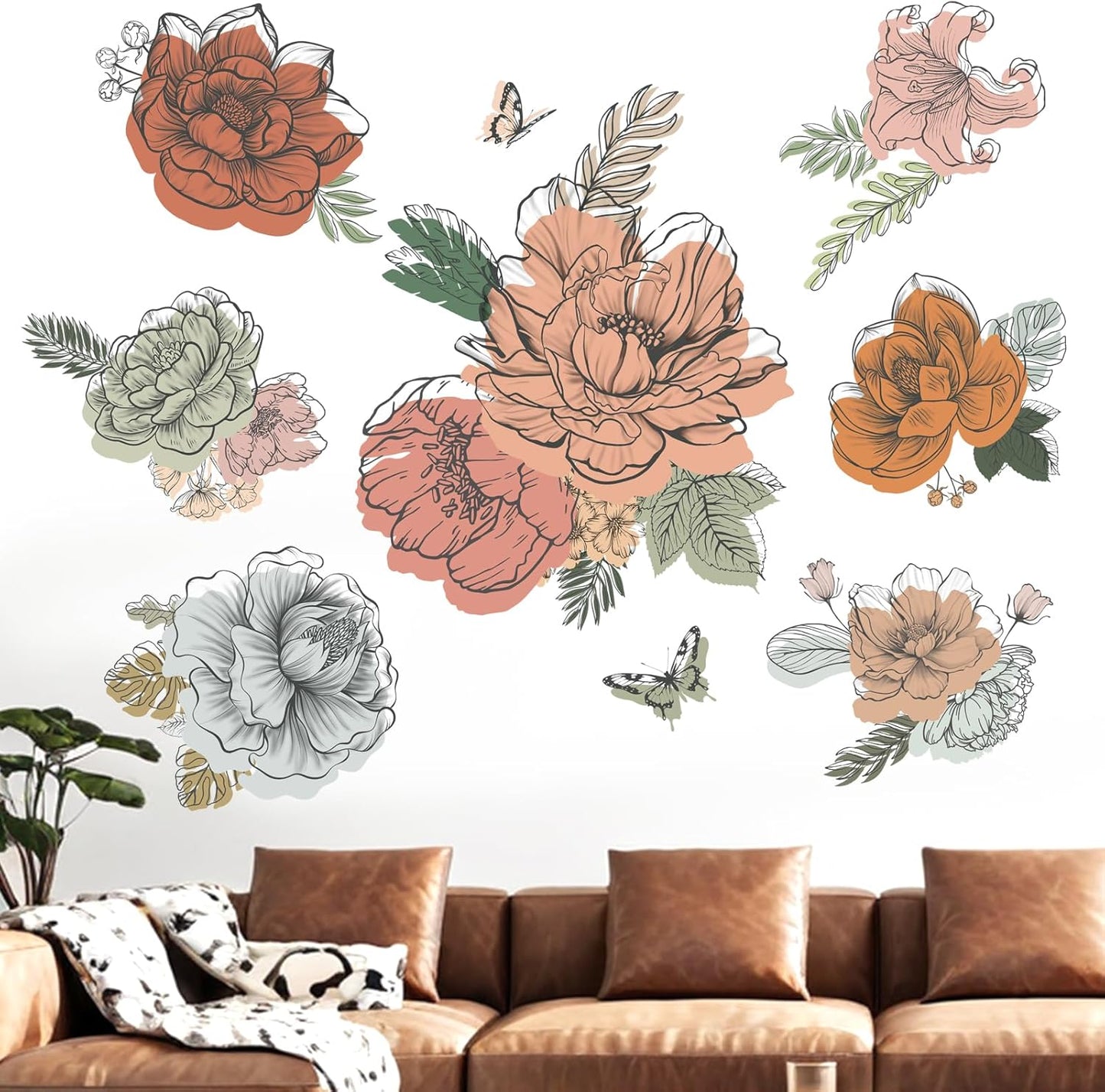 Flower Wall Decals for Living Room: Grass Plants Boho Floral Wildflower Wall Stickers - Bedroom Sofa TV Background Home Wall Decor