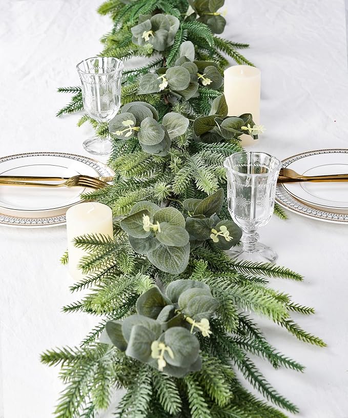 DearHouse Pine Garland Christmas Decoration, Artificial Greenery Garland Norfolk Pine Leaves and Eucalyptus for Holiday Season Mantel Fireplace Table Runner Centerpiece (Pine Garland with Eucalyptus)