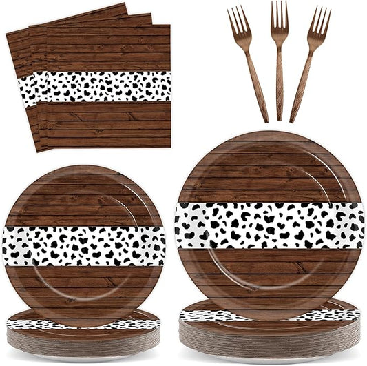 96Pcs Western Party Paper Plates and Napkins Cow Print Dessert Plates Cowboy Party Favors Supplies Tableware for Wild West First Rodeo Cowgirl Bachelorette Baby Shower Birthday Gatherings Decorations