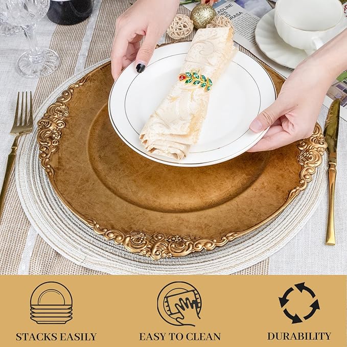 MAONAME Antique Gold Charger Plates, Round Antique Plate Chargers for Dinner Plate, 13" Plastic Charger for Plates, Wedding Table Setting, Set of 6