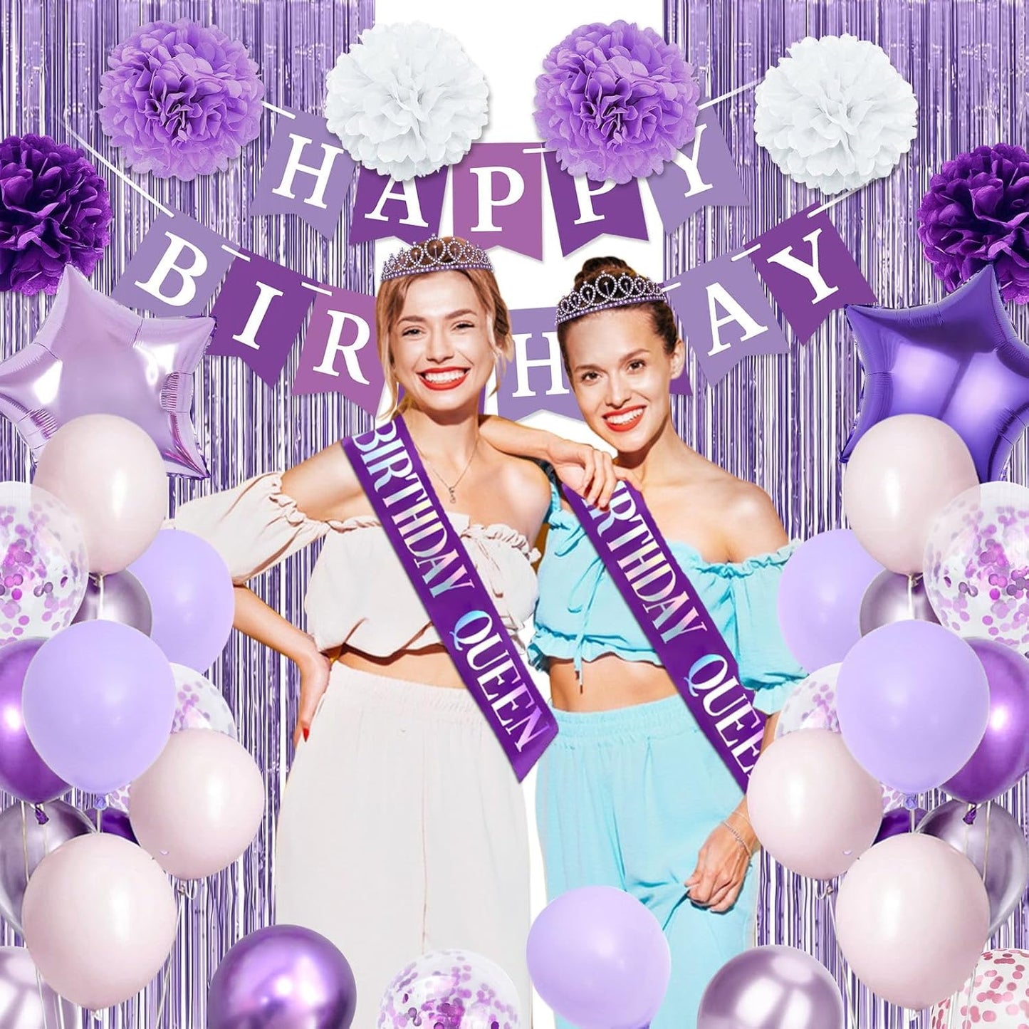 Purple Birthday Decorations, Purple Party Decorations with Balloons Happy Birthday Banner Bday Sash and Crown Tablecloth Fringe Curtain Paper Pom Poms for Women Girls Bday Decor