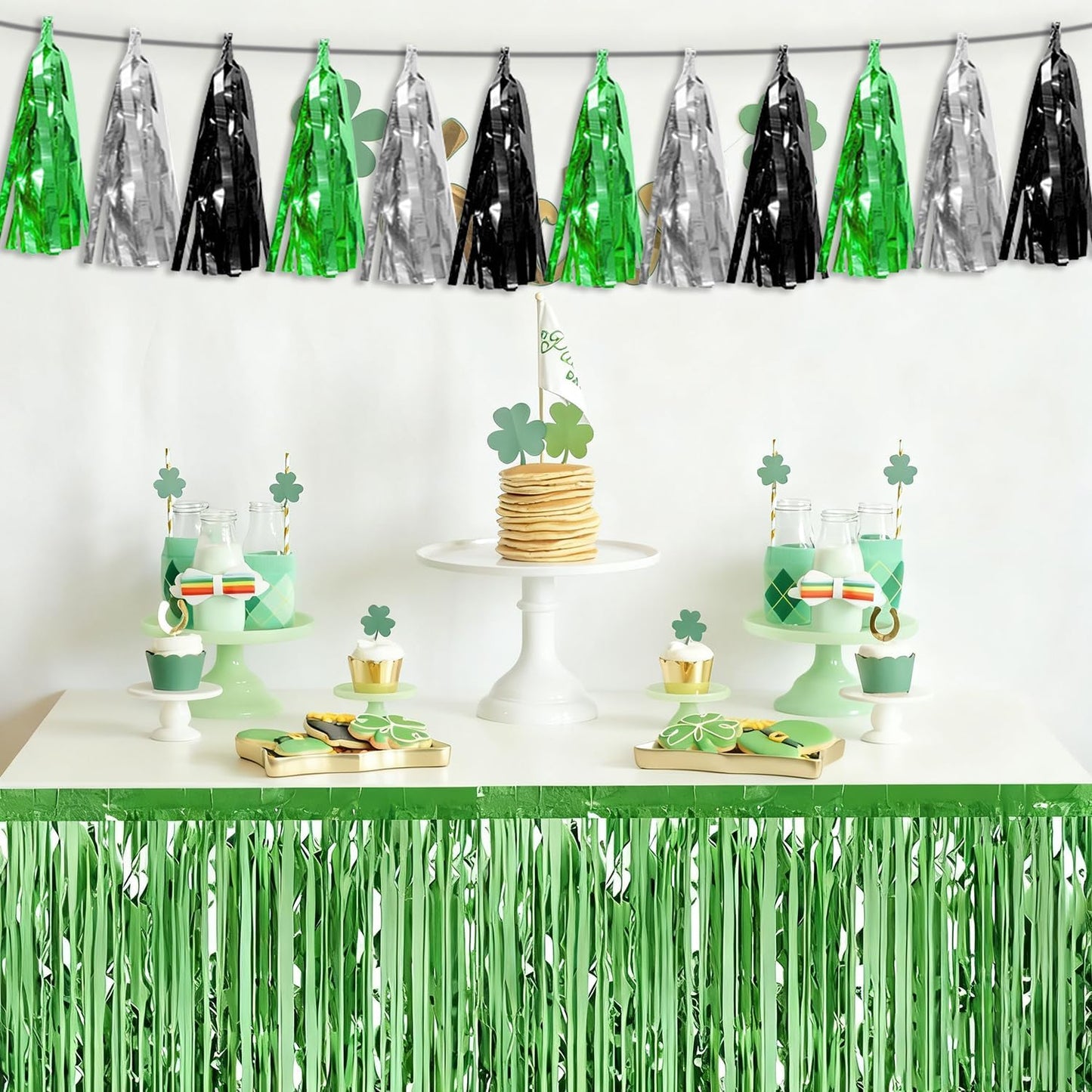 4P Black Silver Green Tassel Banner Garland Metallic Foil Fringe Banner Tinsel Tassels Streamer Banner Backdrop for Parade Floats, Graduation Decorations, Halloween, Christmas Decorations