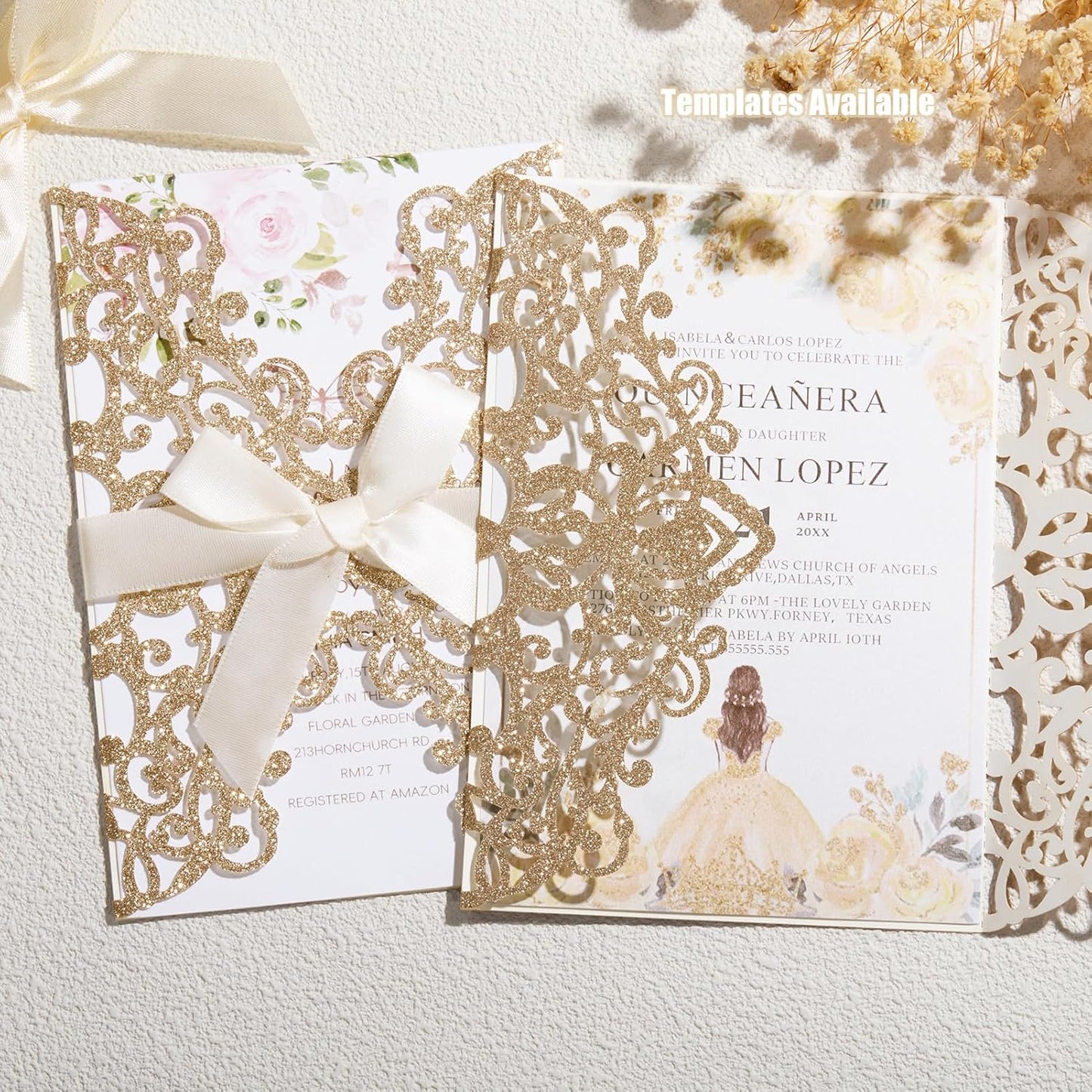 50Pcs Glitter Floral Laser Cut Wedding Invitation Cards with Envelope Blank Inner Sheet and Ribbon for Wedding Engagement Bridal Shower Party Invite(7.09 X 4.92inch, Rose Gold)