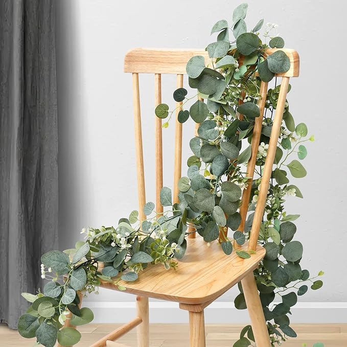 TOCHGREEN 4 PCS Artificial Eucalyptus Garland 5.9FT Faux Silver Dollar Greenery Garland Vines with White Flower Boxwood Fake Hanging Plants for Wedding Home Party Table Mantle Wall Decor