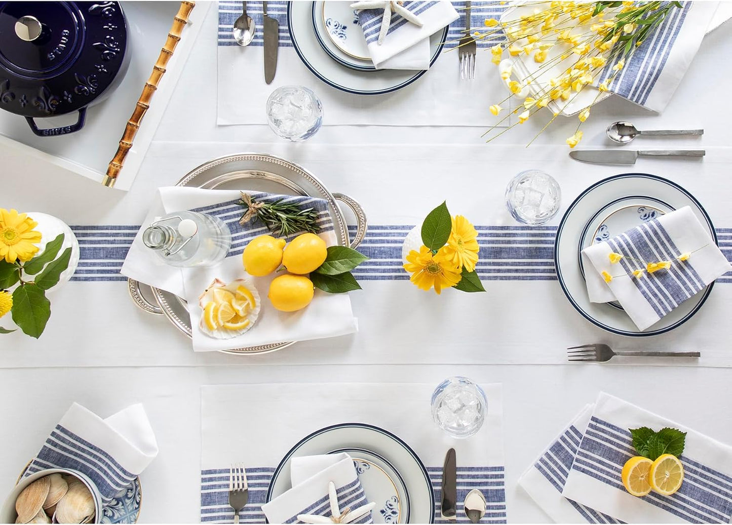 Solino Home Linen Striped Table Runner 108 Inches Long - Farmhouse 100% Pure Linen Navy and White Dining Table Runner 14 x 108 Inch for Fall, Autumn, Thanksgiving, Christmas, Holiday