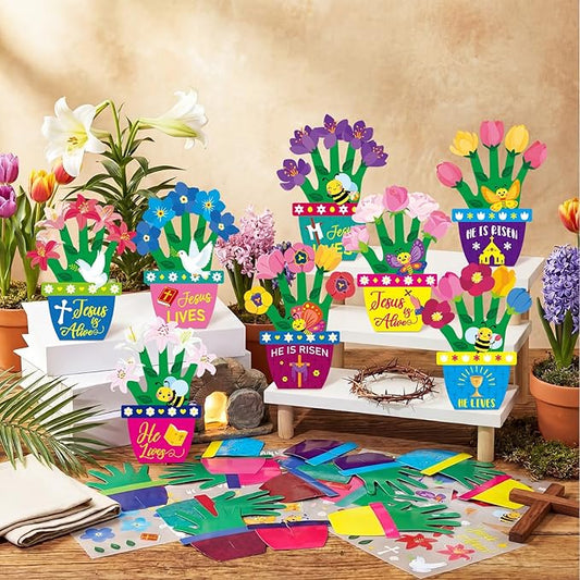 Frienda 48 Sets Easter Religious Crafts for Kids Easter He is Risen Christian Crafts DIY Hand-Print He is Risen Arts Kit for Sunday School Classroom Activities Party