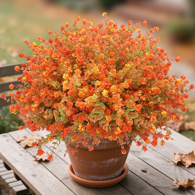 12 Bundles Faux Mums for Fall Decor, UV Resistant Fall Flowers Artificial for Decoration Fake Mums for Thanksgiving Halloween Autumn Indoor Outdoor Garden Porch Window Wedding Cemetery(Fall Orange)