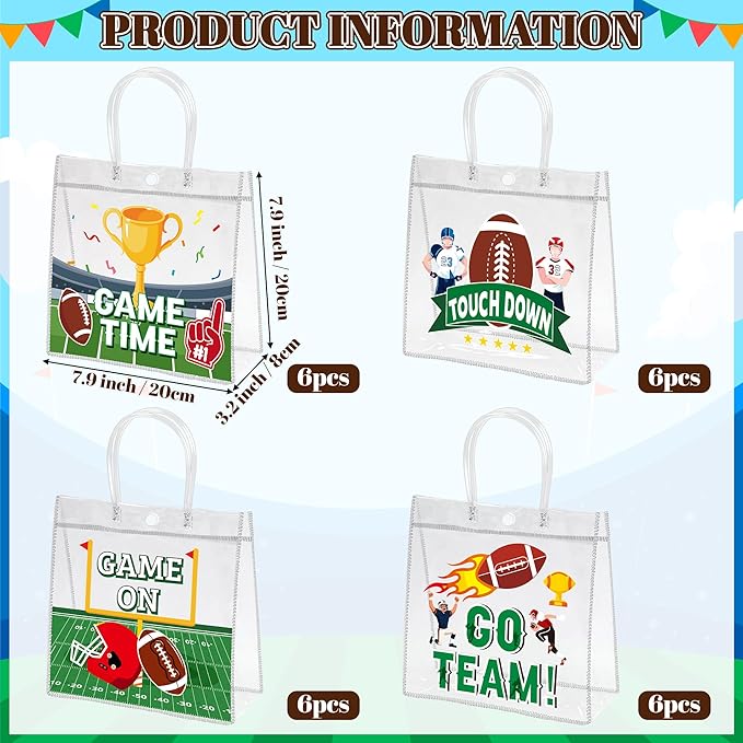 H1vojoxo Football Party Gift Bags - 24PCS Football Clear PVC Gift Bags with Handle Reusable Rugby Sports Goodie Bag for Boys Birthday Rugby Tote Bag for Snack Large Candy Treat Ball Themed Party Favor