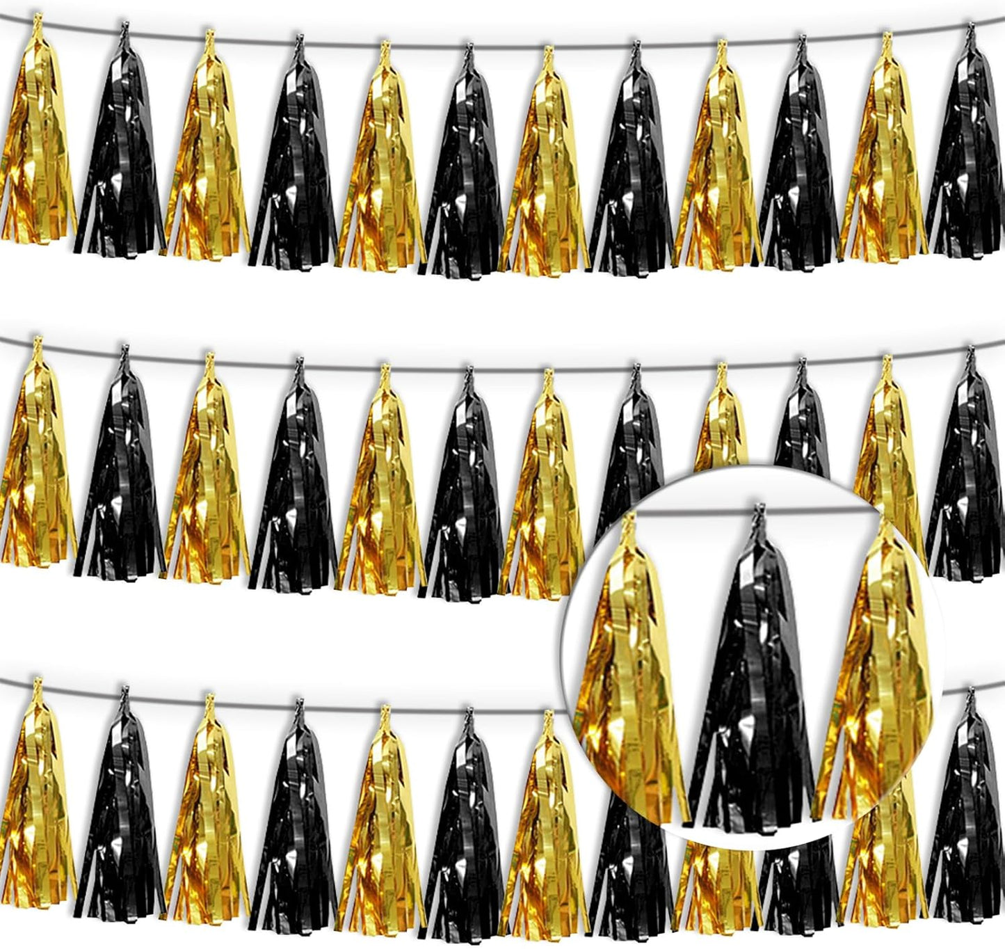 3P Black Gold Tassel Banner Garland Metallic Foil Fringe Banner Tinsel Tassels Streamer Banner Backdrop for Parade Floats, 2025 Graduation Decorations, Father's Day,New Years Party Decoration
