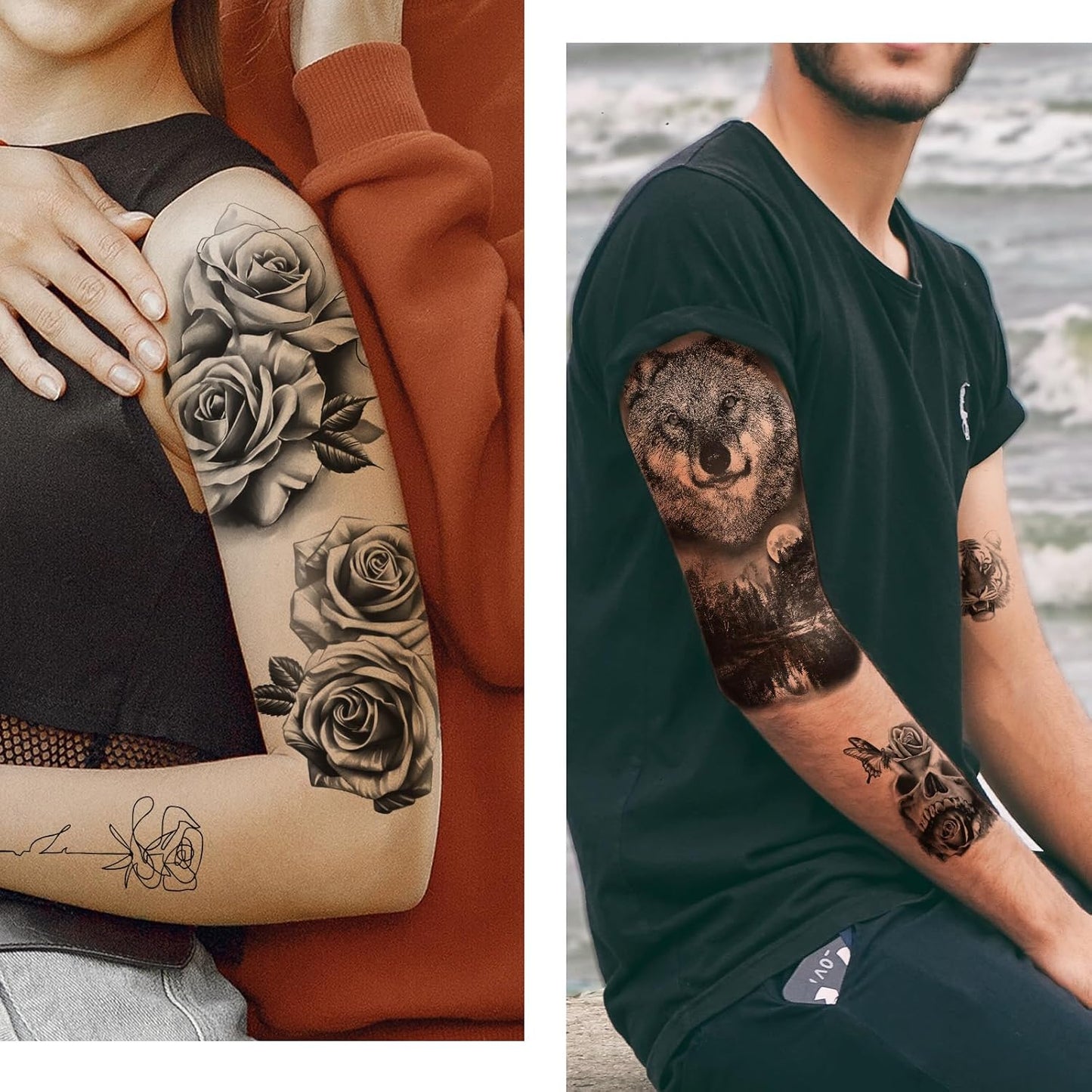 Yazhiji 77sheets Waterproof Temporary Tattoo for Girls or Boys Kids 17sheets Larger Half Arm Lion Wolf Owl Elk Snake Butterfly Rose Fake Tattoos for Men or Women And 60 sheets Tiny Tattoo Sticker