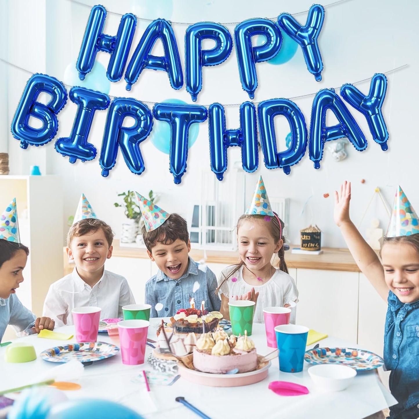 Happy Birthday Balloons Letters Banner, Blue Happy Birthday Bunting Balloon, 16 Inch Self Inflating Birthday Mylar Foil Balloons Banner with Ribbon for Boys Men Birthday Party Decorations Supplies