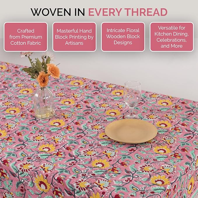 Labhanshi Indian Hand Block Print Table Cloth|French Floral 10 Seater 72x135 Inches Rectangle Cotton Table Cover|Spring Easter Patio Dining Tablecloth|Garden Tea Party Table Decor|Pink Sparkles