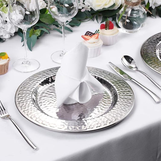 24 Packs Chargers Plates Bulk 13 Inch Stainless Steel Hammered Rim Round Elegant Dinner Plates Luxury Decorative Chargers for Wedding Party Catering Upscale Events (Silver)