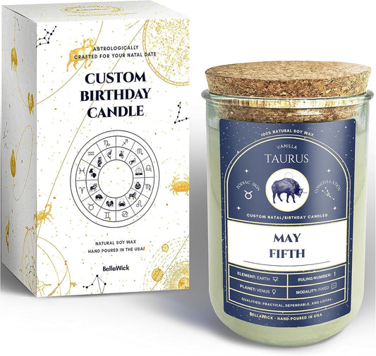 Birthday Candles - Custom Birthdate Astrological Zodiac Scented Candles. Astrology Gifts. All Natural Soy Wax. 75+ Hour Burn Time. Made in USA - May 5