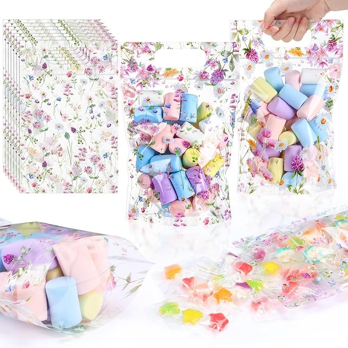 Blosssound 50 Pcs Wildflower Plastic Bags Clear Floral Baby Shower Favor Bags with Handles Flower Theme Sealed Pouches for Wedding Birthday Party Candy Guests Gift Wrapping Supplies Decor (Wildflower)