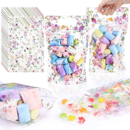 Blosssound 50 Pcs Wildflower Plastic Bags Clear Floral Baby Shower Favor Bags with Handles Flower Theme Sealed Pouches for Wedding Birthday Party Candy Guests Gift Wrapping Supplies Decor (Wildflower)