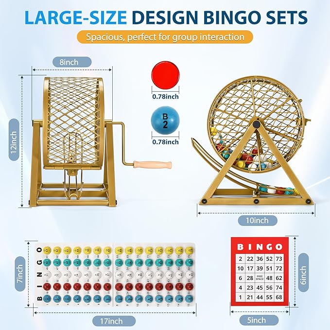 GADFISH Bingo Game Set, Bingo Sets Adults for Large Group Kids Seniors, 0.78" Bingo Balls with Steel Cage, 30 Cards, Board and Chips for Adults Parties, Game Night, Community