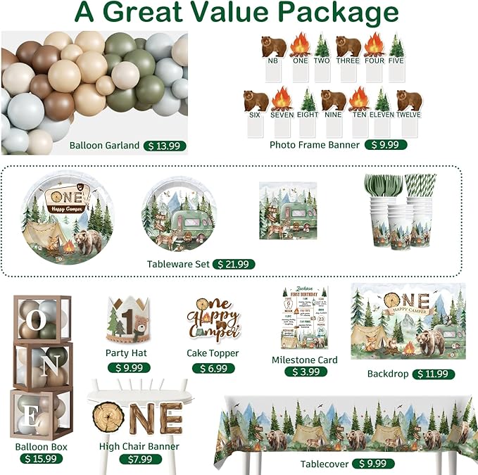 230PCS Camper 1st Birthday Decorations, All-in-1 Supplies Pack, Includes 20 Camper Theme Tableware, Backdrop, High Chair Banner, Tablecloth Balloon Kit for 1st Birthday Party Themes