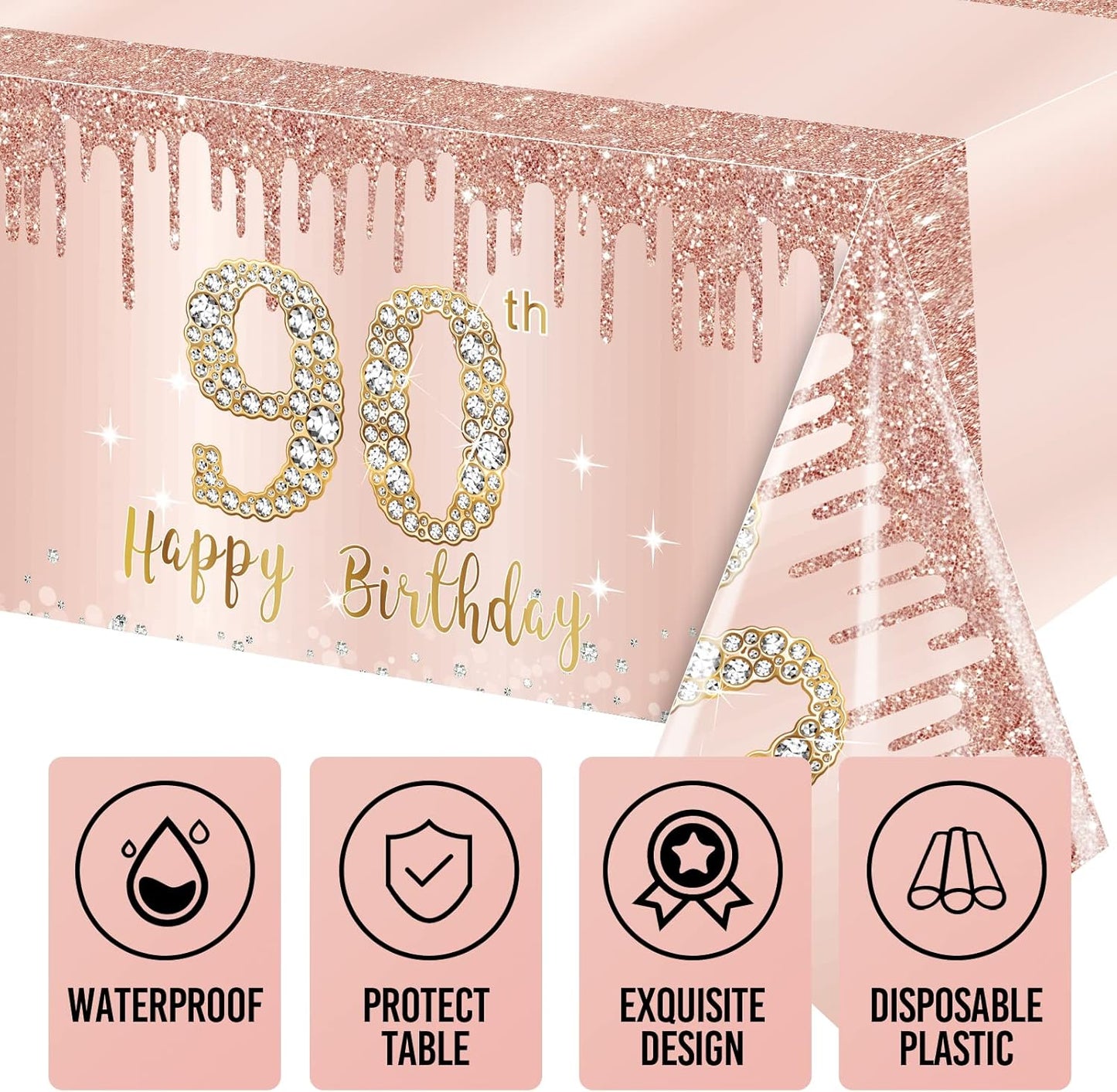 3 Pcs 90th Birthday Tablecloth Decorations, Pink Rose Gold Happy 90 Birthday Theme Table Cover, Plastic Disposable Rectangular Table Cloth Decor
