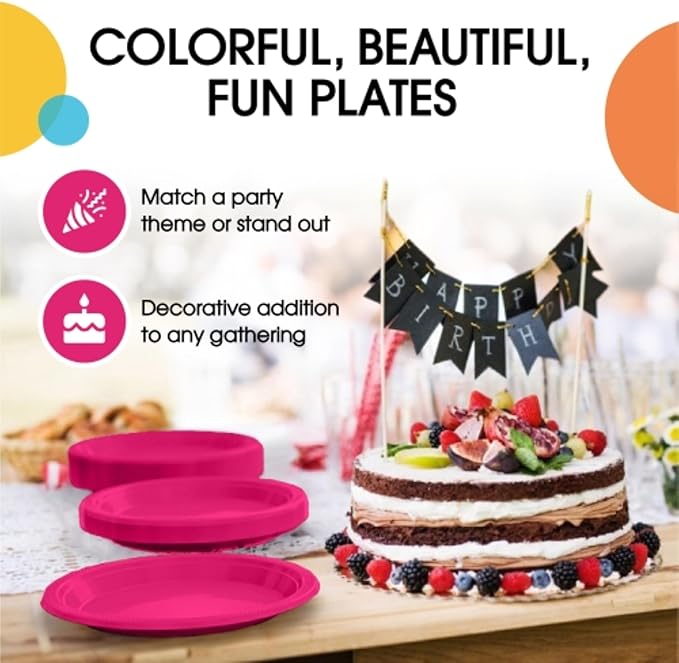 Exquisite Party Solids Hot Pink Plastic Plates For Party Supplies 9" Hot Pink Disposable Plates Heavy Duty 50 Pcs Plastic Dinnerware Sets Heavy Duty 350 GSM Disposable Dinnerware Set