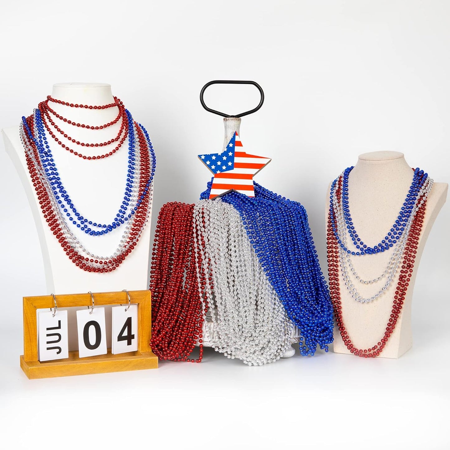 4th of July Accessories, 144PCS Independence Day Bead Necklaces, Metallic Patriotic Red Blue White Necklace, 4th of July Necklace for Memorial Day Patriotic Parades Party Favors Supplies