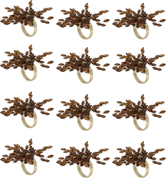Napkin Rings Set of 12 for Dining Table Decoration Parties Everyday Metal Napkin Holder Leaf Coffee (Pack of 12)