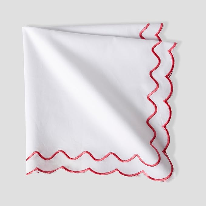 FINGERCRAFT Cloth Napkins, Everyday Use Dual Scallop Embroidery Design, Premium Quality Natural Cotton Napkin Set of 6 Perfect for Parties Dinners Weddings Easter Napkin Cloth 20x20 inch White/Pink
