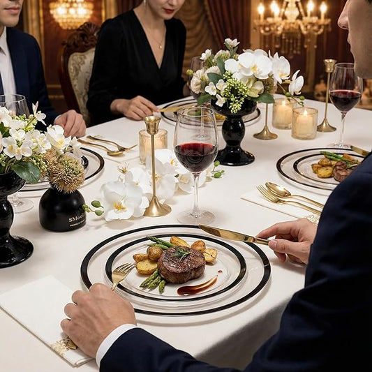 supernal Elegant Disposable Plates, 120-Pack Black Plastic Plates, Clear and Black Heavy Duty BPA-Free Plastic Dinnerware Set for 60 Guests Perfect for Wedding, Upscale Parties & Catering