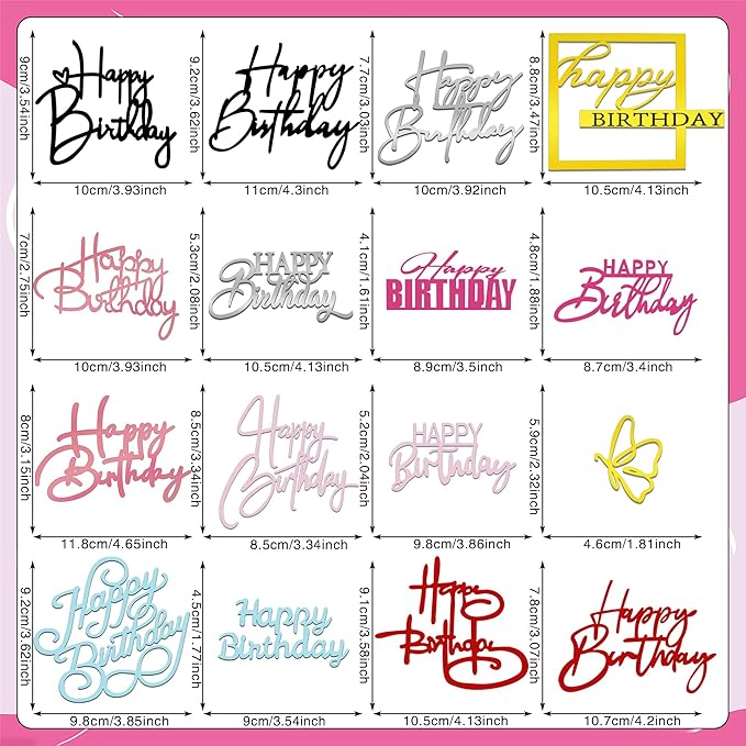 15 PCS Happy Birthday Cake Toppers Acrylic Mirror Inserts for Cakes Cupcakes Desserts 15 Styles 8 Colors
