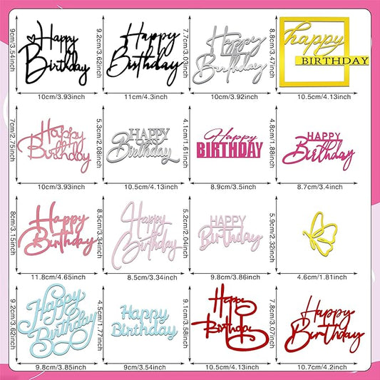 15 PCS Happy Birthday Cake Toppers Acrylic Mirror Inserts for Cakes Cupcakes Desserts 15 Styles 8 Colors