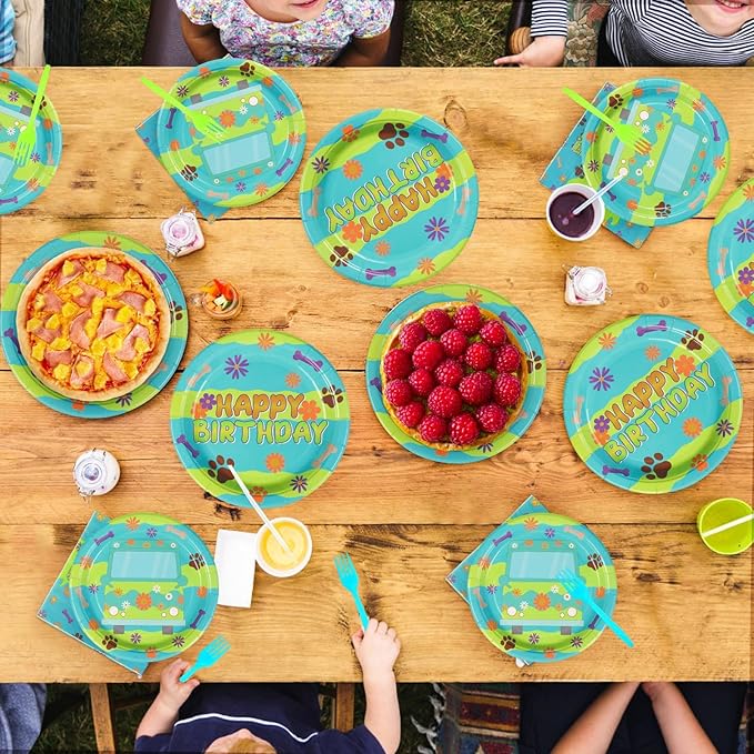 Grencian 96Pcs Mysterious Car Birthday Party Supplies Blue Green Dog Plates and Napkins Carton Dog Paw Tableware Set for Kids Birthday Baby Shower Party Supplies
